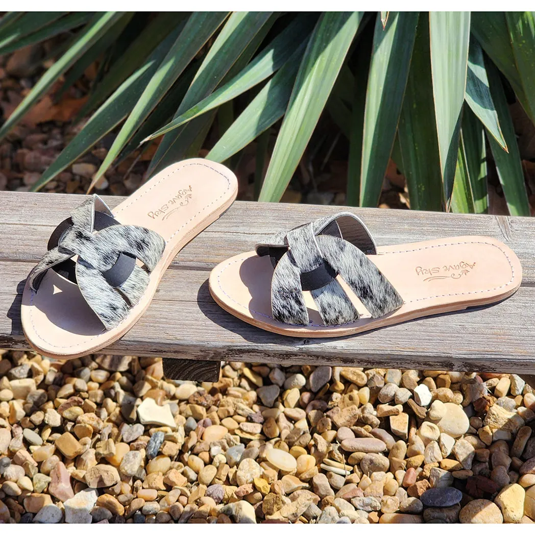 Olivia Salt & Pepper Cowhide Slides