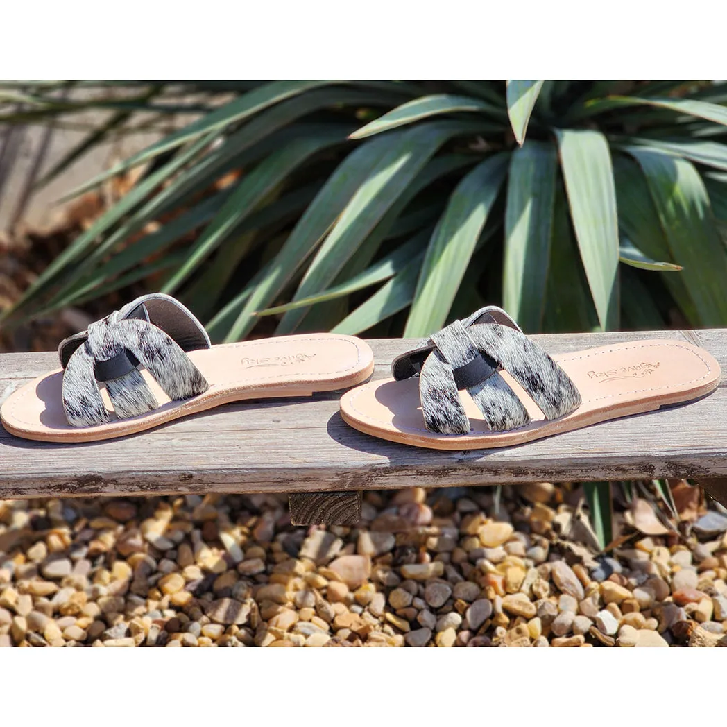 Olivia Salt & Pepper Cowhide Slides