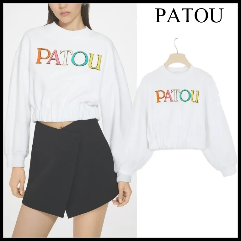 PATOU  |Crew Neck Long Sleeves Plain Cotton Logo Cropped Tops