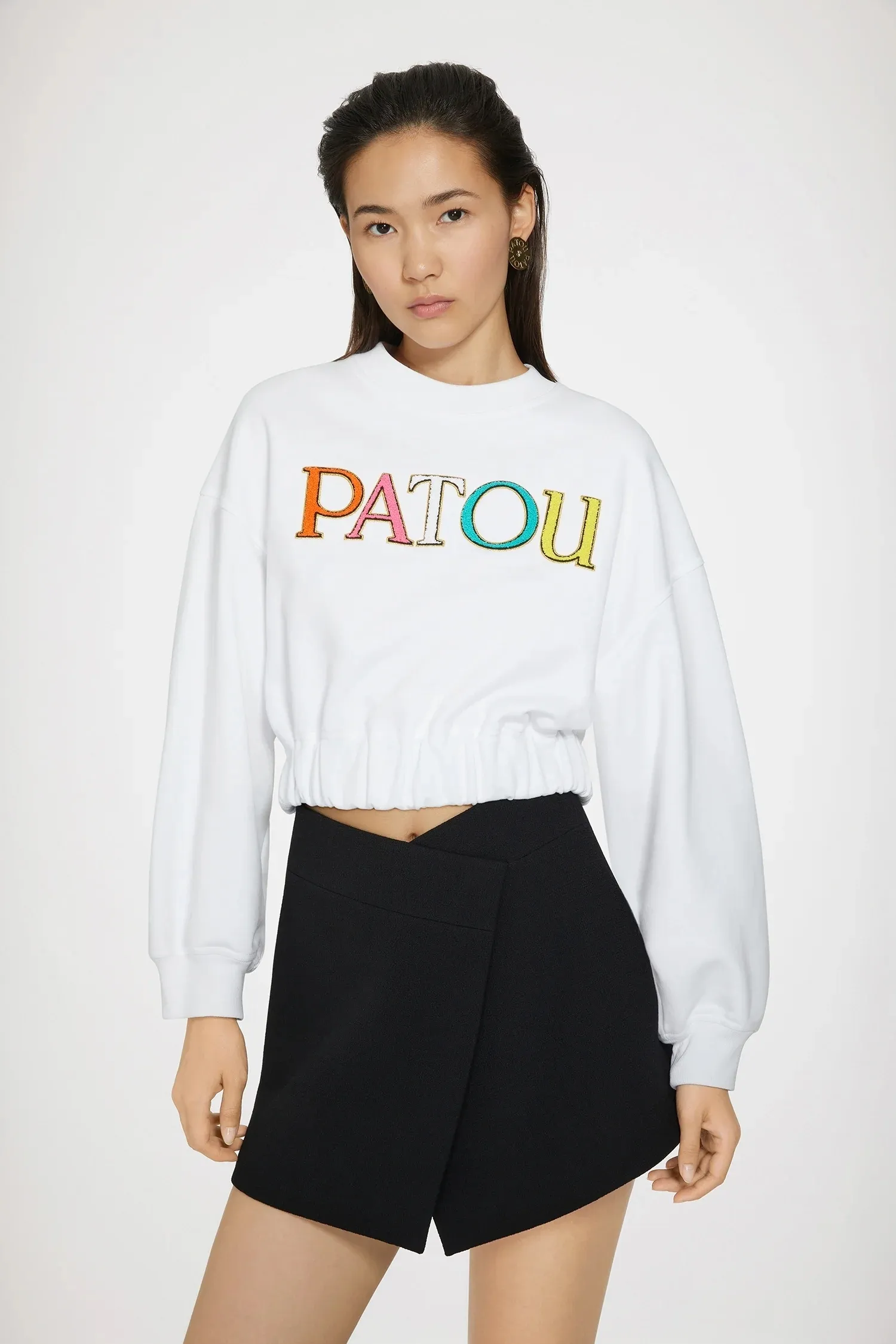 PATOU  |Crew Neck Long Sleeves Plain Cotton Logo Cropped Tops