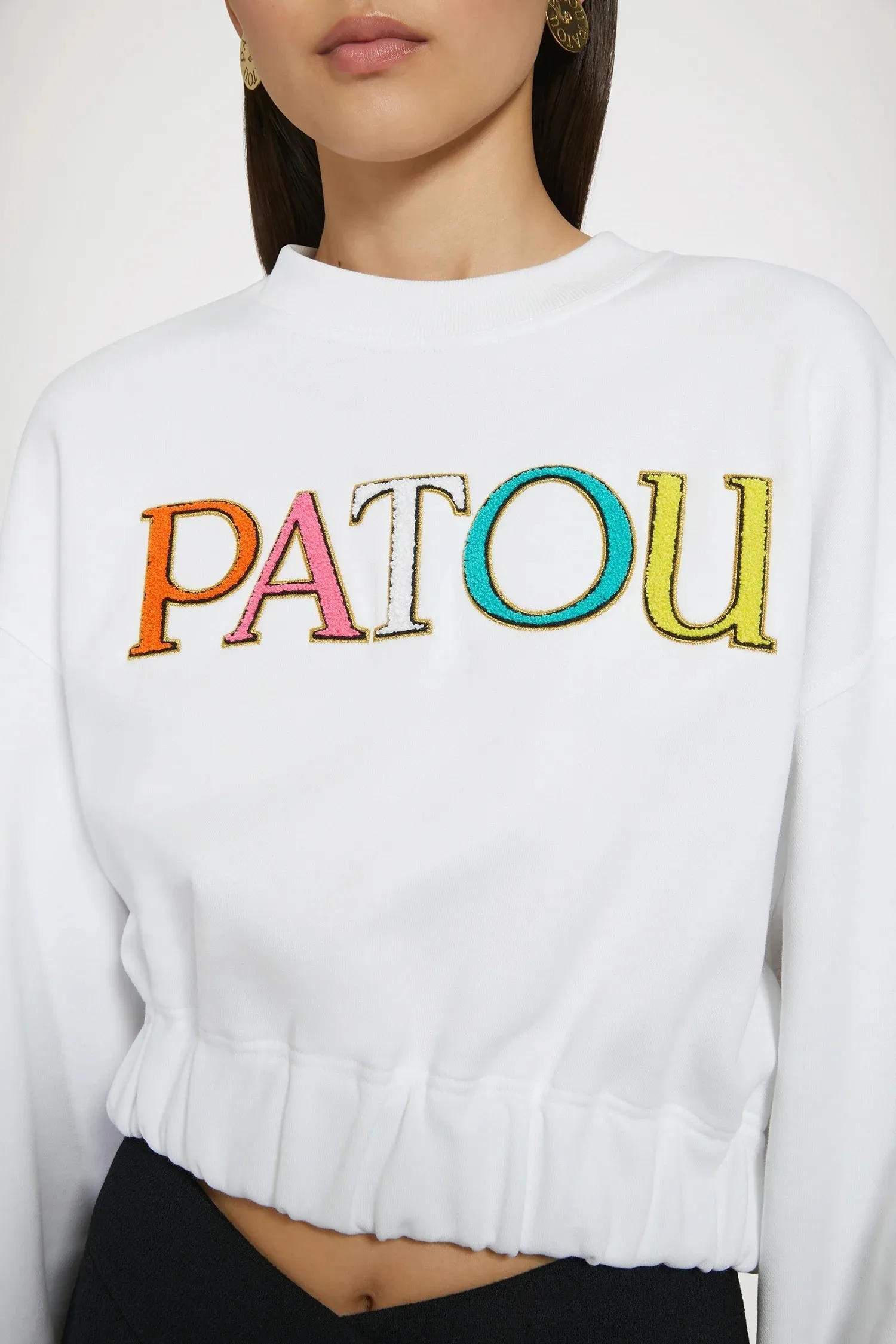 PATOU  |Crew Neck Long Sleeves Plain Cotton Logo Cropped Tops