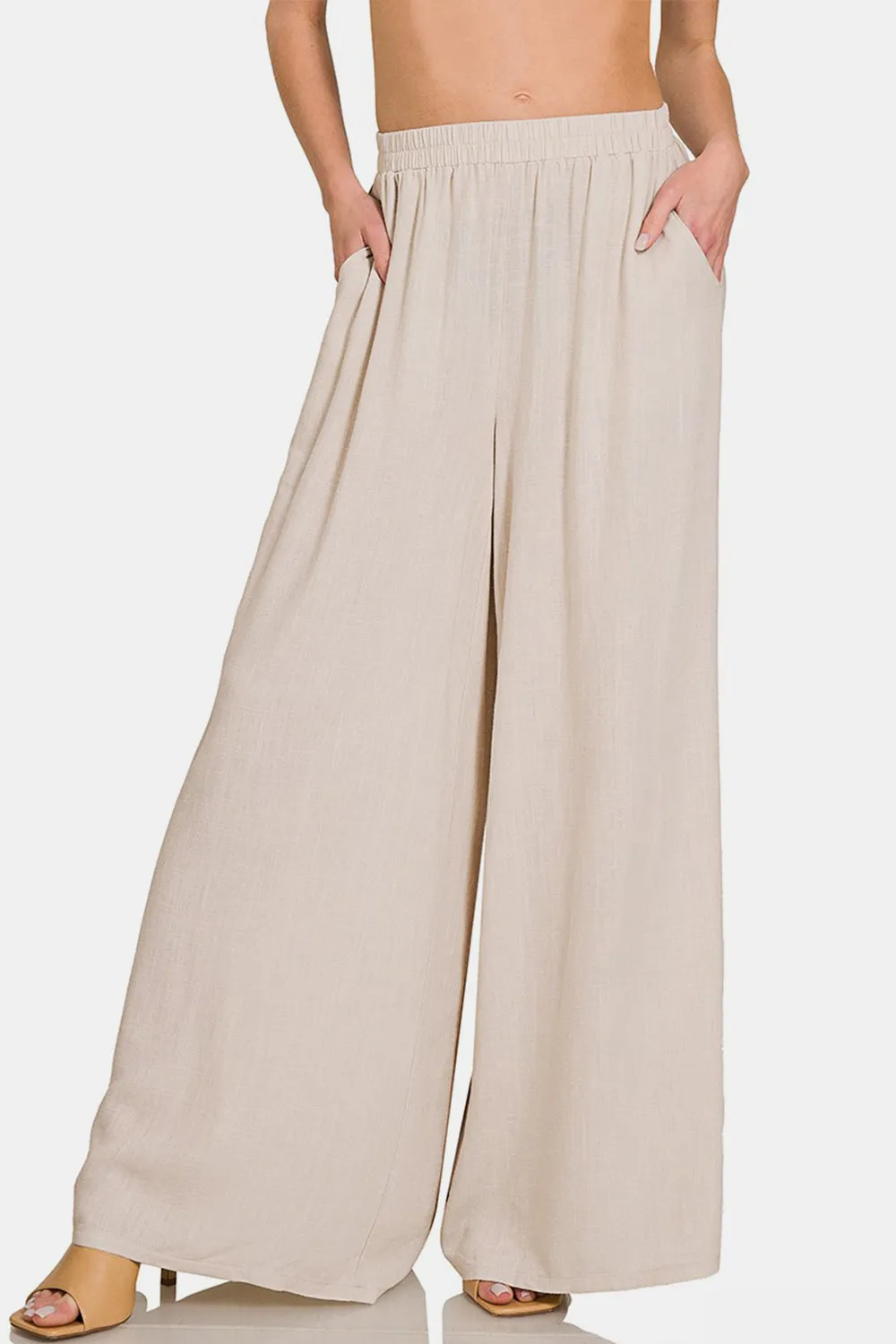 Pleated Linen Blend Wide Leg Pants in Sand