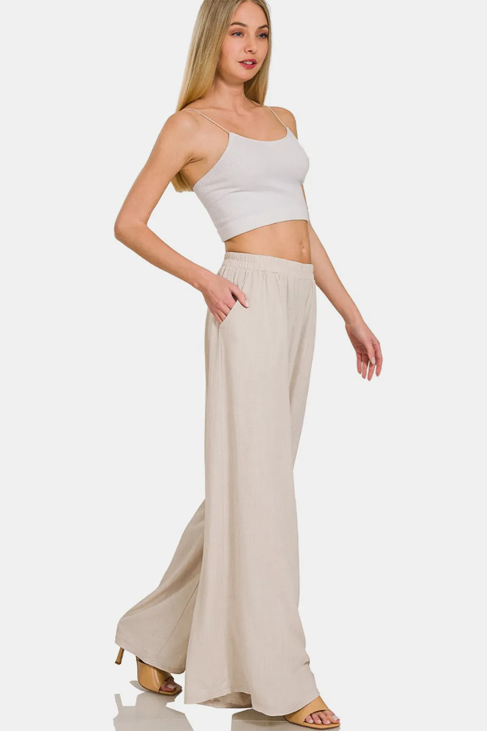 Pleated Linen Blend Wide Leg Pants in Sand