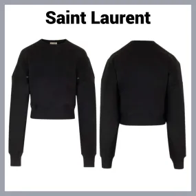 Saint Laurent  |Crew Neck Long Sleeves Plain Cotton Logo Cropped Tops