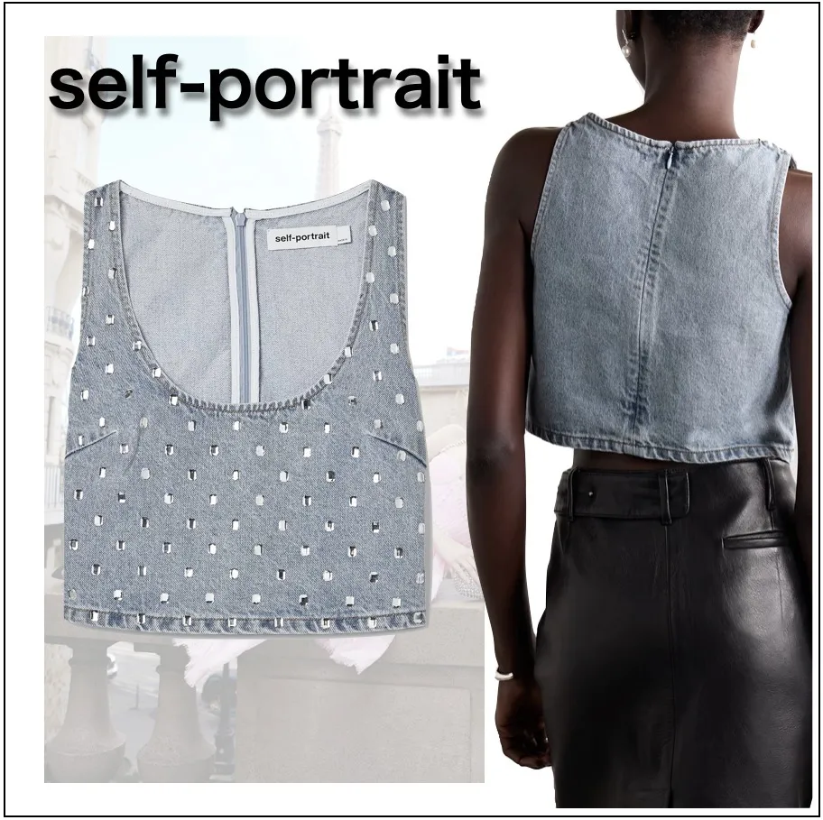 SELF PORTRAIT  |Denim Sleeveless Studded U-Neck Plain Cotton With Jewels