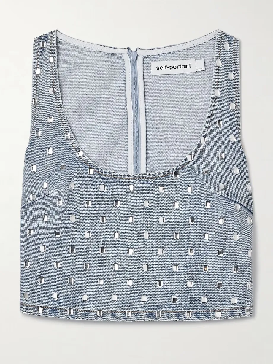 SELF PORTRAIT  |Denim Sleeveless Studded U-Neck Plain Cotton With Jewels