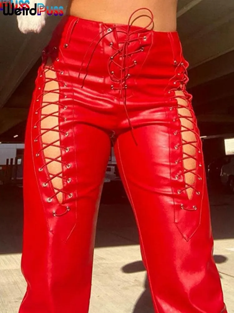 Sexy High-Waisted Faux Leather Pants - Hollow Out Bandage Design Perfect for Summer Trends