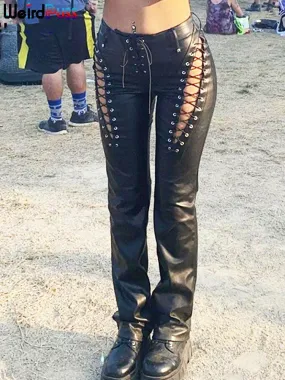 Sexy High-Waisted Faux Leather Pants - Hollow Out Bandage Design Perfect for Summer Trends