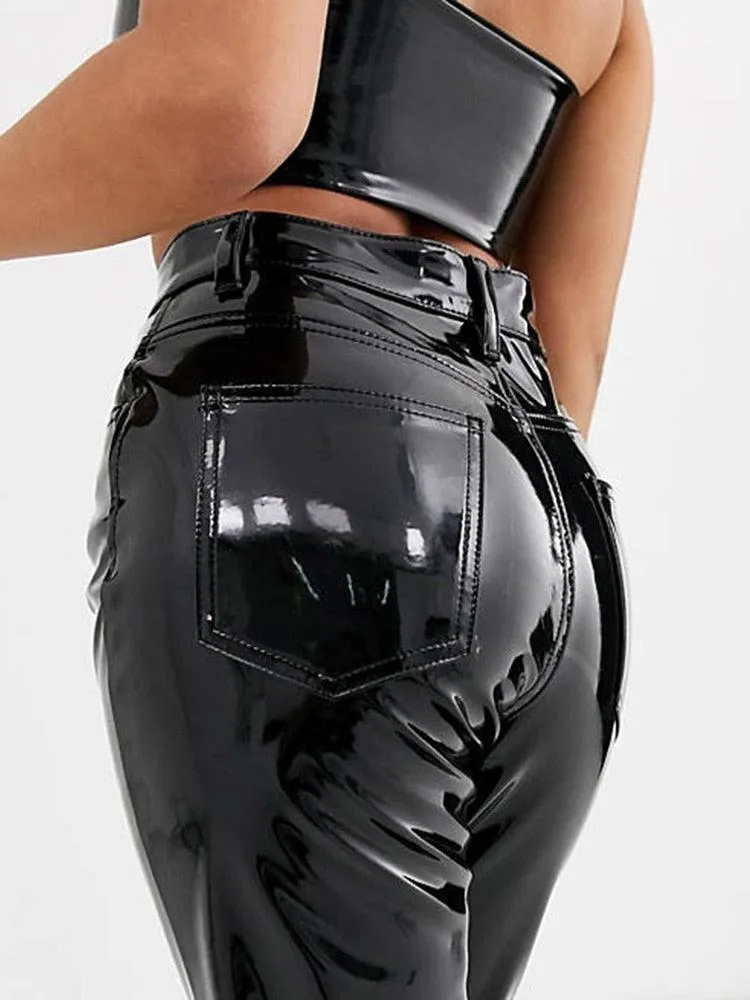 Shiny Patent Leather High-Waisted Pencil Pants