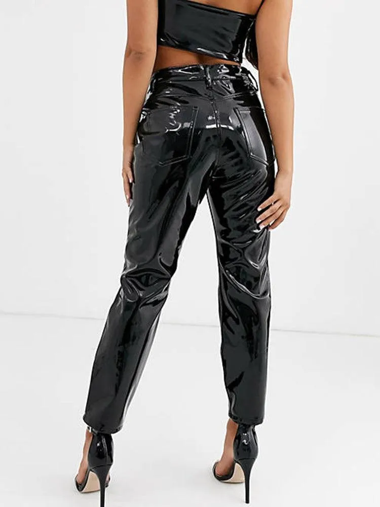 Shiny Patent Leather High-Waisted Pencil Pants