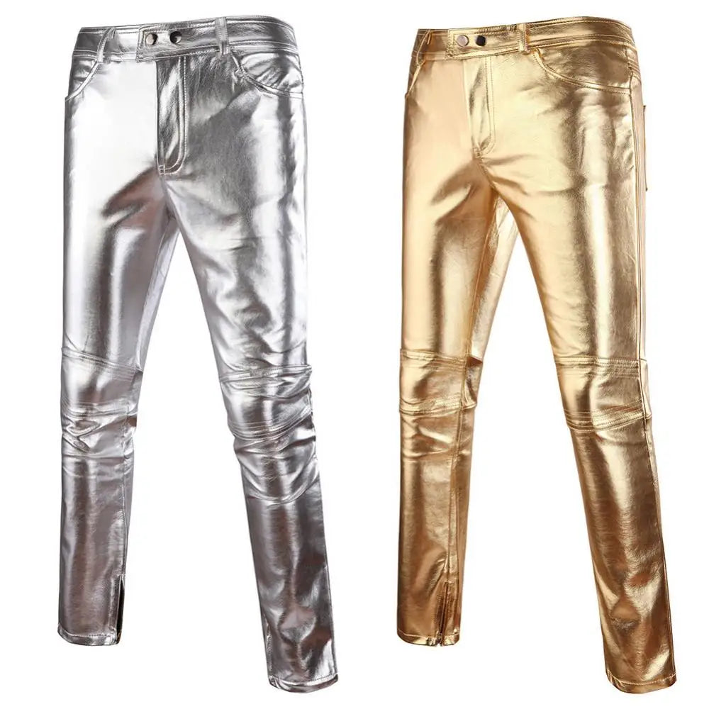 Solid Color Faux Leather Skinny Pants for Men - Featuring Button Design and Perfect for Motorcycle Fashion