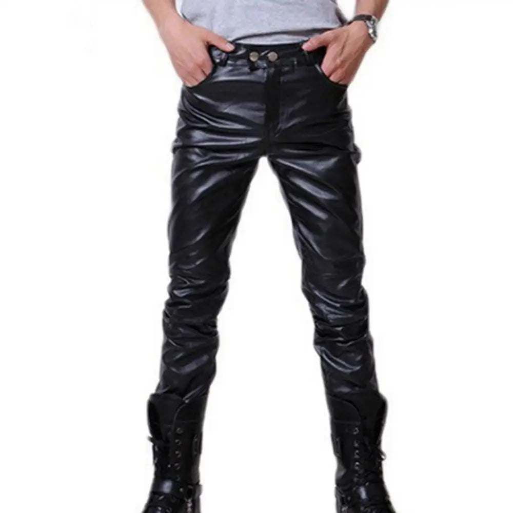 Solid Color Faux Leather Skinny Pants for Men - Featuring Button Design and Perfect for Motorcycle Fashion