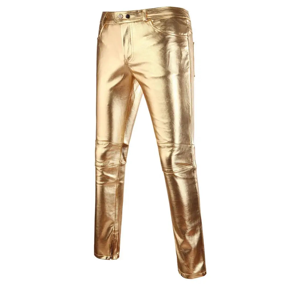 Solid Color Faux Leather Skinny Pants for Men - Featuring Button Design and Perfect for Motorcycle Fashion