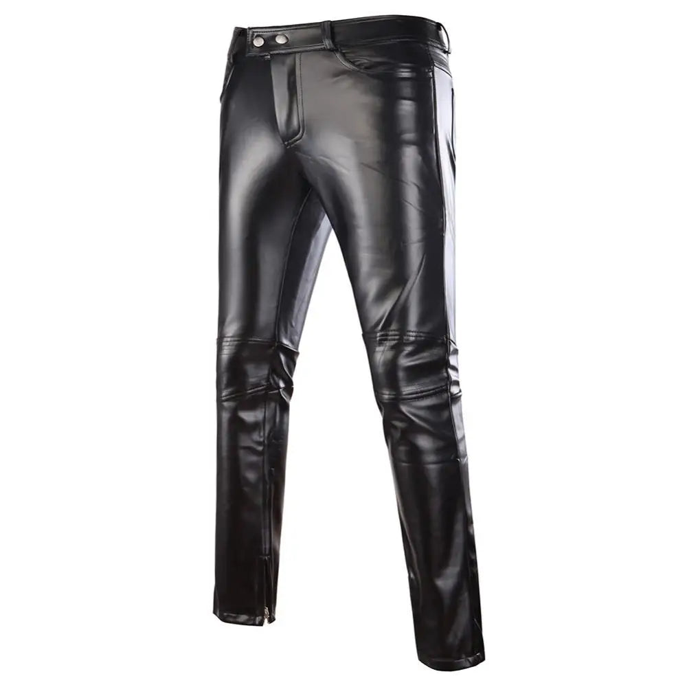 Solid Color Faux Leather Skinny Pants for Men - Featuring Button Design and Perfect for Motorcycle Fashion