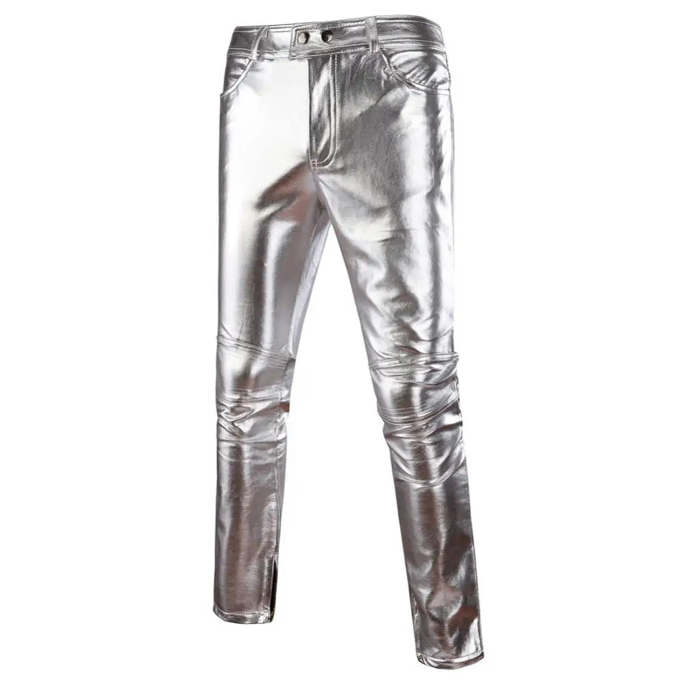 Solid Color Faux Leather Skinny Pants for Men - Featuring Button Design and Perfect for Motorcycle Fashion