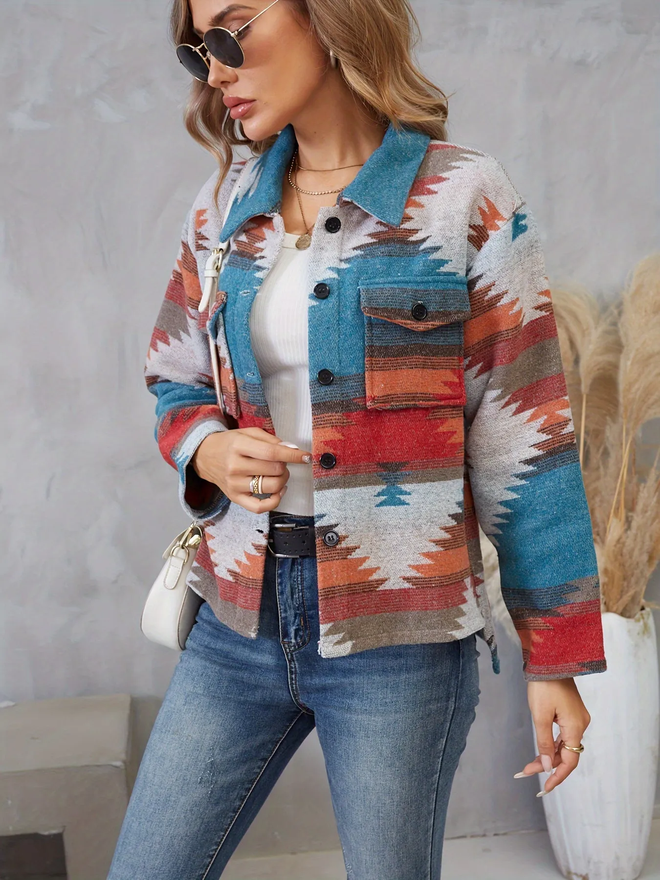 Southwest Pattern Ethnic Jacket, Vintage Button Front Long Sleeve Outerwear, Women's Clothing