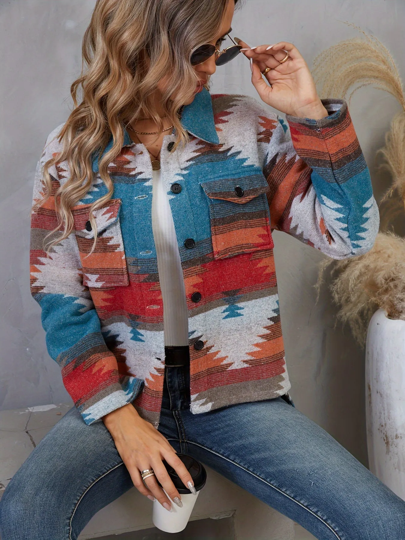 Southwest Pattern Ethnic Jacket, Vintage Button Front Long Sleeve Outerwear, Women's Clothing