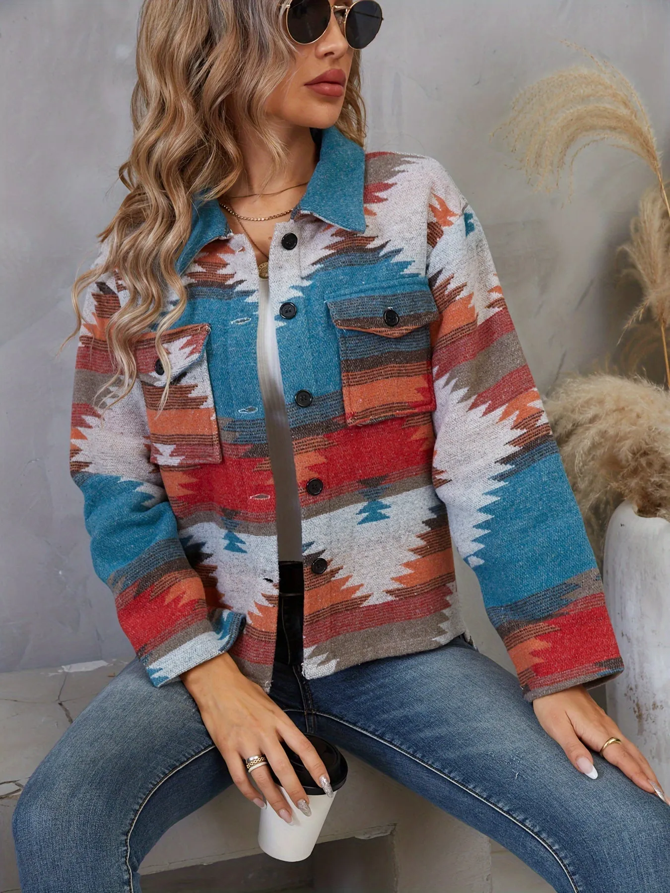 Southwest Pattern Ethnic Jacket, Vintage Button Front Long Sleeve Outerwear, Women's Clothing