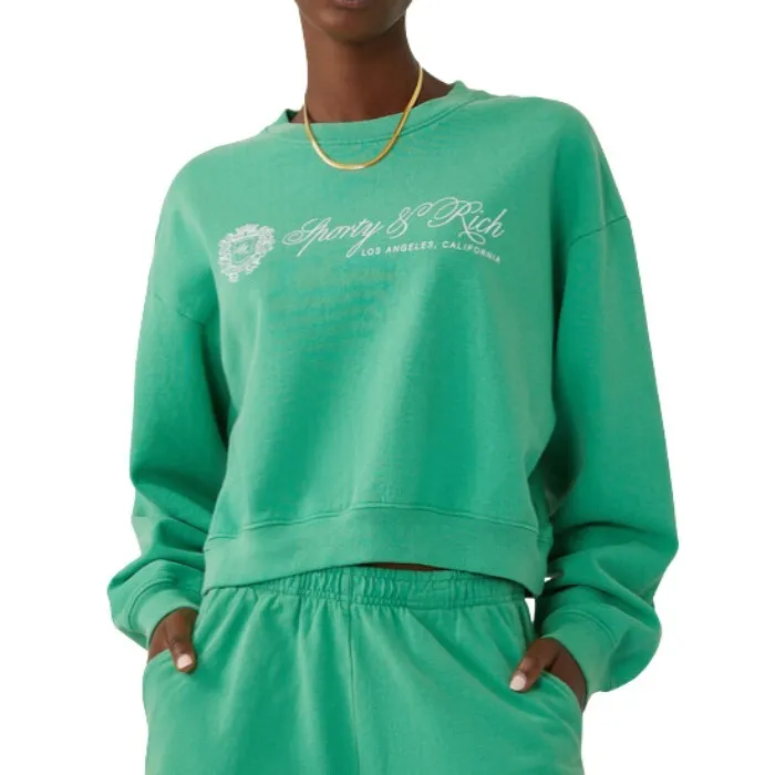 Sporty & Rich  |Crew Neck Long Sleeves Plain Logo Cropped Tops