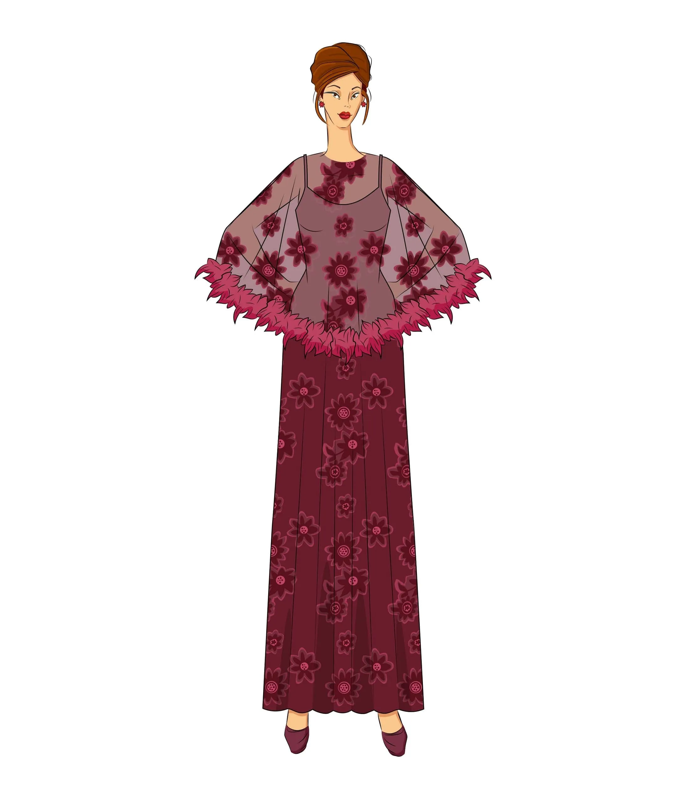 The Vault - 1970s Burgundy Feathered Cape Maxi Dress