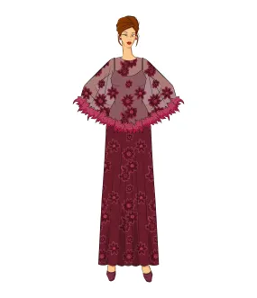 The Vault - 1970s Burgundy Feathered Cape Maxi Dress