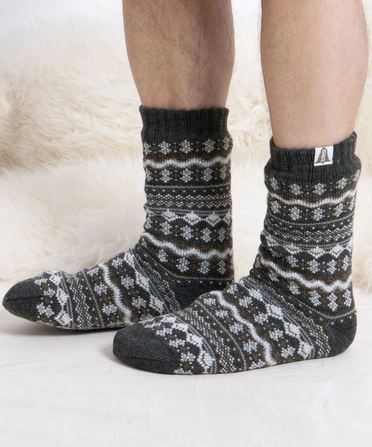 Totes Toasties Mens Sherpa Lined Fair Isle Slipper Socks