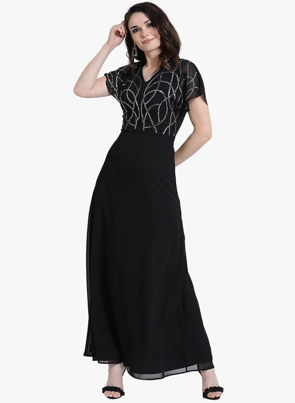 V Neck Embellished Maxi Dress