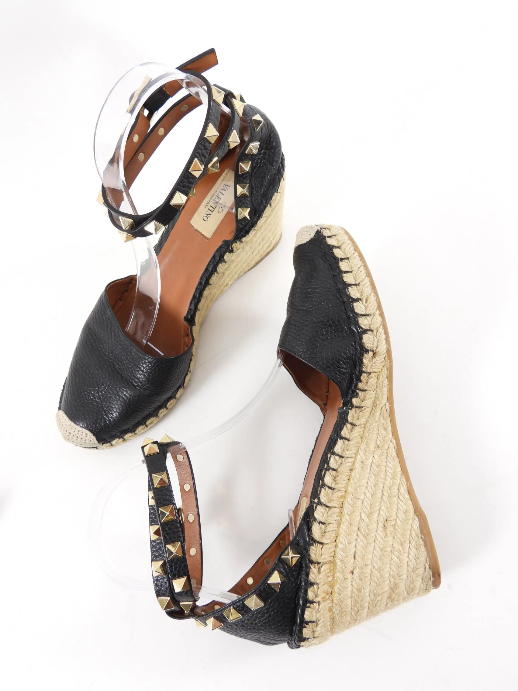 Valentino Black Leather Rock Stud Espadrille Wedge Sandals - 38 / 7.5