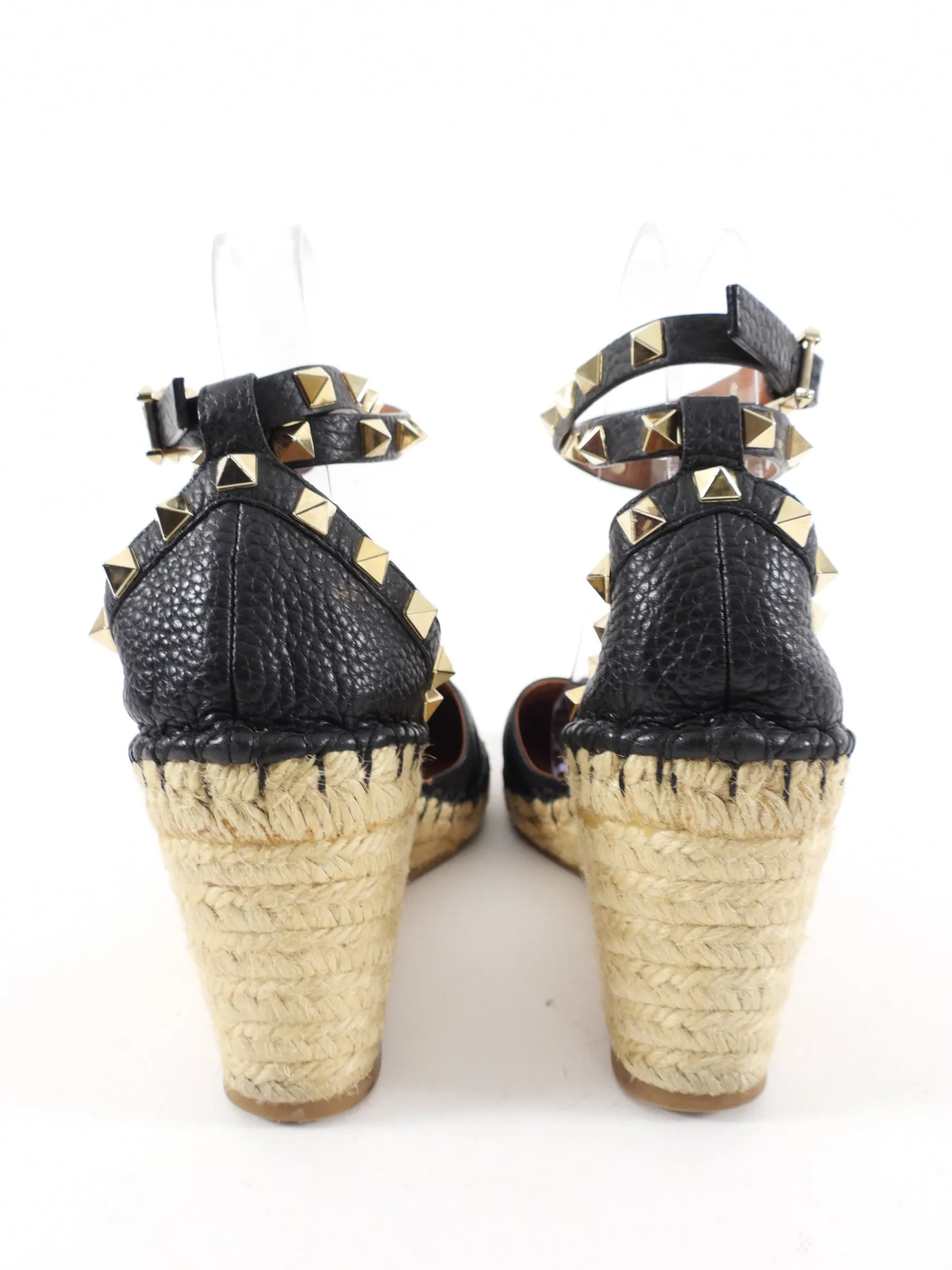 Valentino Black Leather Rock Stud Espadrille Wedge Sandals - 38 / 7.5