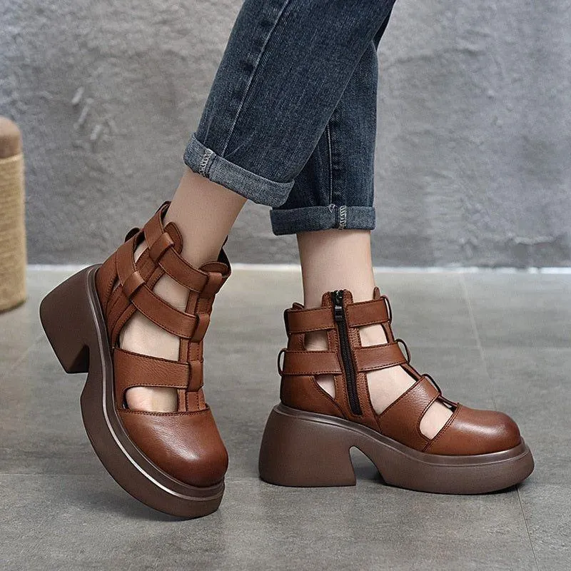 Women's Casual Shoes - Leather Gladiator Sandals, Thick Boots (FC119)