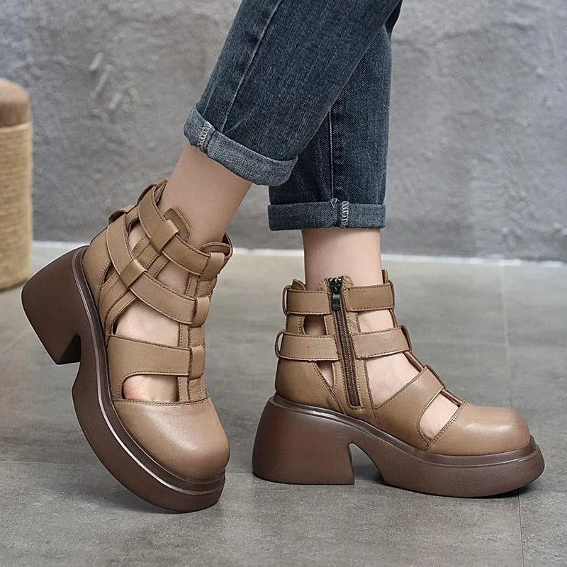 Women's Casual Shoes - Leather Gladiator Sandals, Thick Boots (FC119)