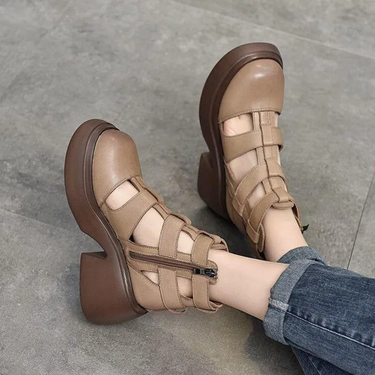 Women's Casual Shoes - Leather Gladiator Sandals, Thick Boots (FC119)