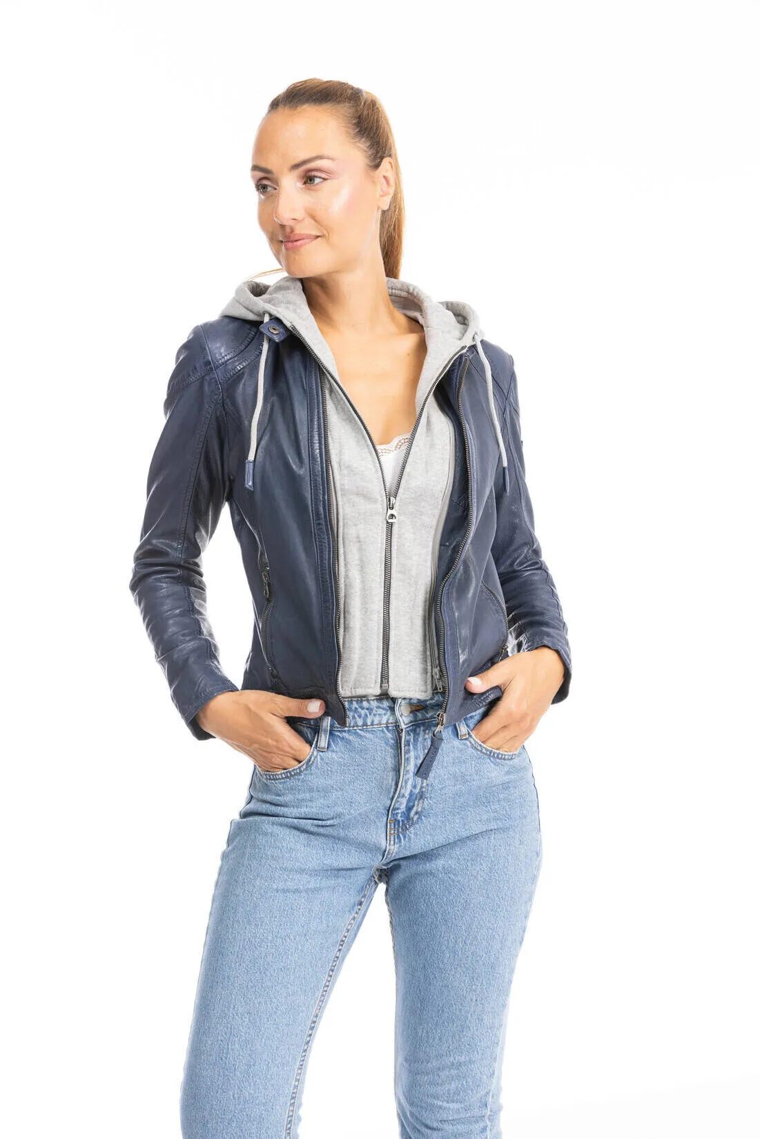 Women's chestnut lamb leather jacket with hood 1101-0479