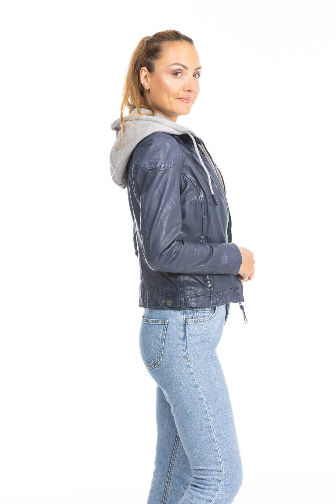 Women's chestnut lamb leather jacket with hood 1101-0479