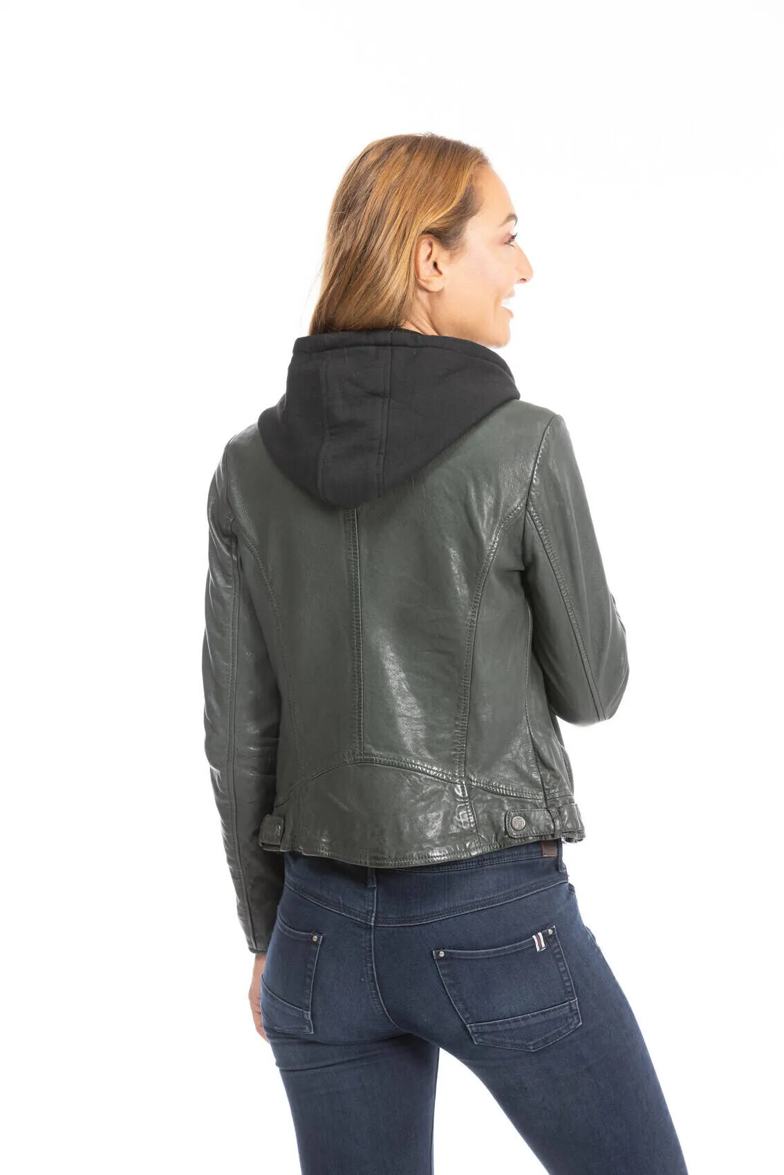 Women's dark olive leather biker style jacket with hood 1101-0483