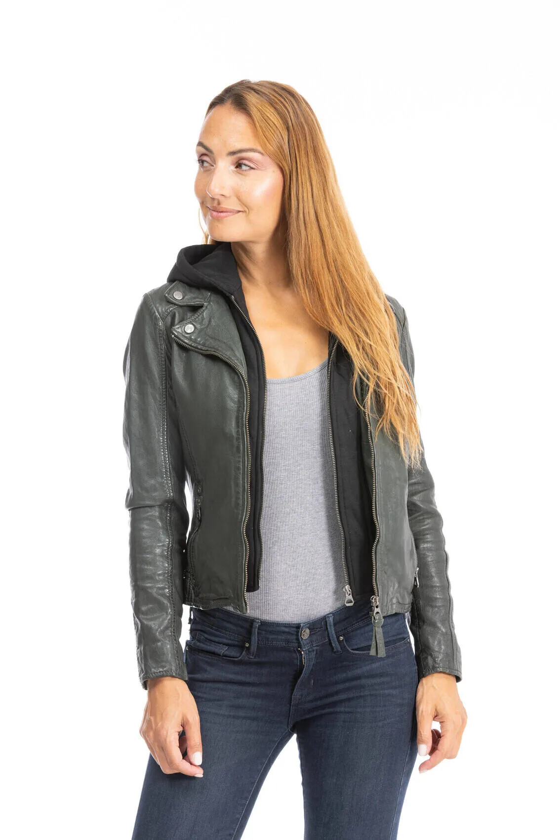 Women's dark olive leather biker style jacket with hood 1101-0483