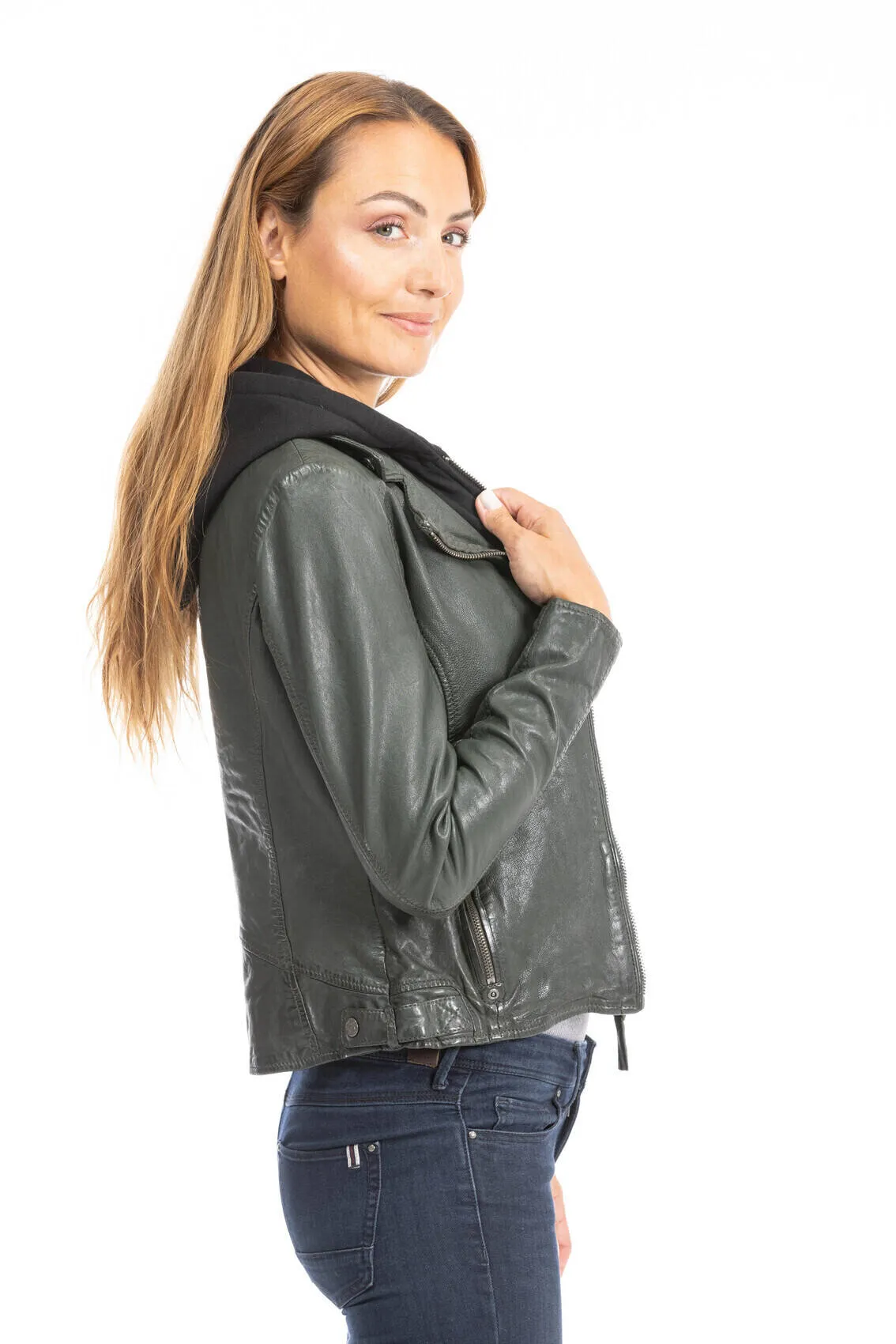 Women's dark olive leather biker style jacket with hood 1101-0483