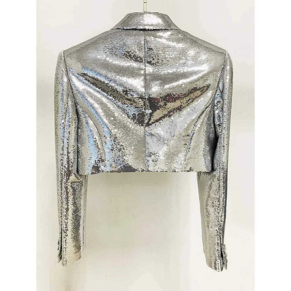 Women's Glitter Sequined Notched Collar Crop Jacket Mini Skirt Two Piece Set