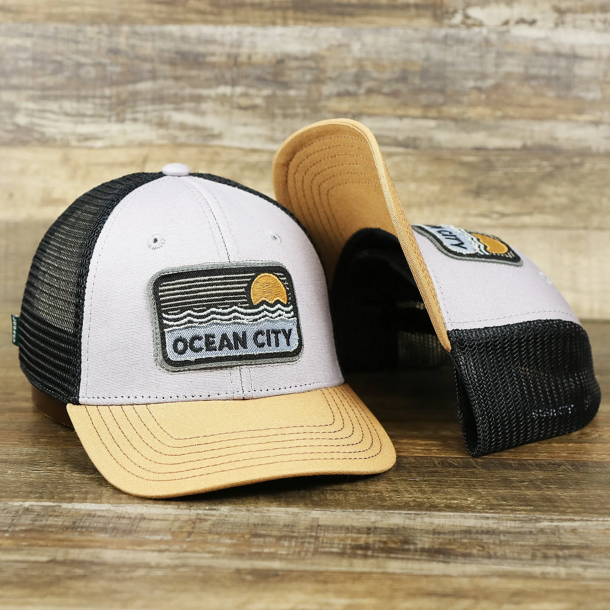 Youth New Jersey Ocean City Sunset Mesh Back Trucker Hat | Gray And Black Mesh Youth Trucker Hat