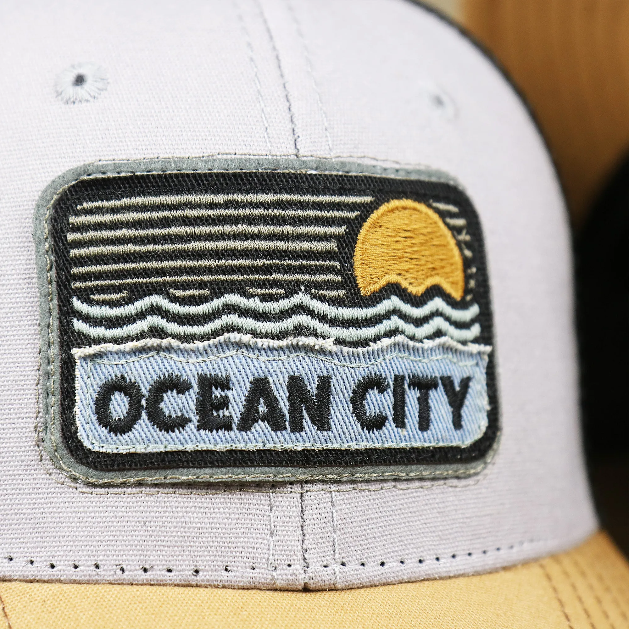 Youth New Jersey Ocean City Sunset Mesh Back Trucker Hat | Gray And Black Mesh Youth Trucker Hat