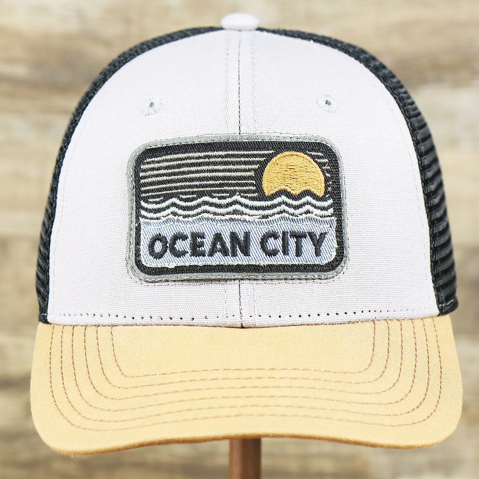 Youth New Jersey Ocean City Sunset Mesh Back Trucker Hat | Gray And Black Mesh Youth Trucker Hat