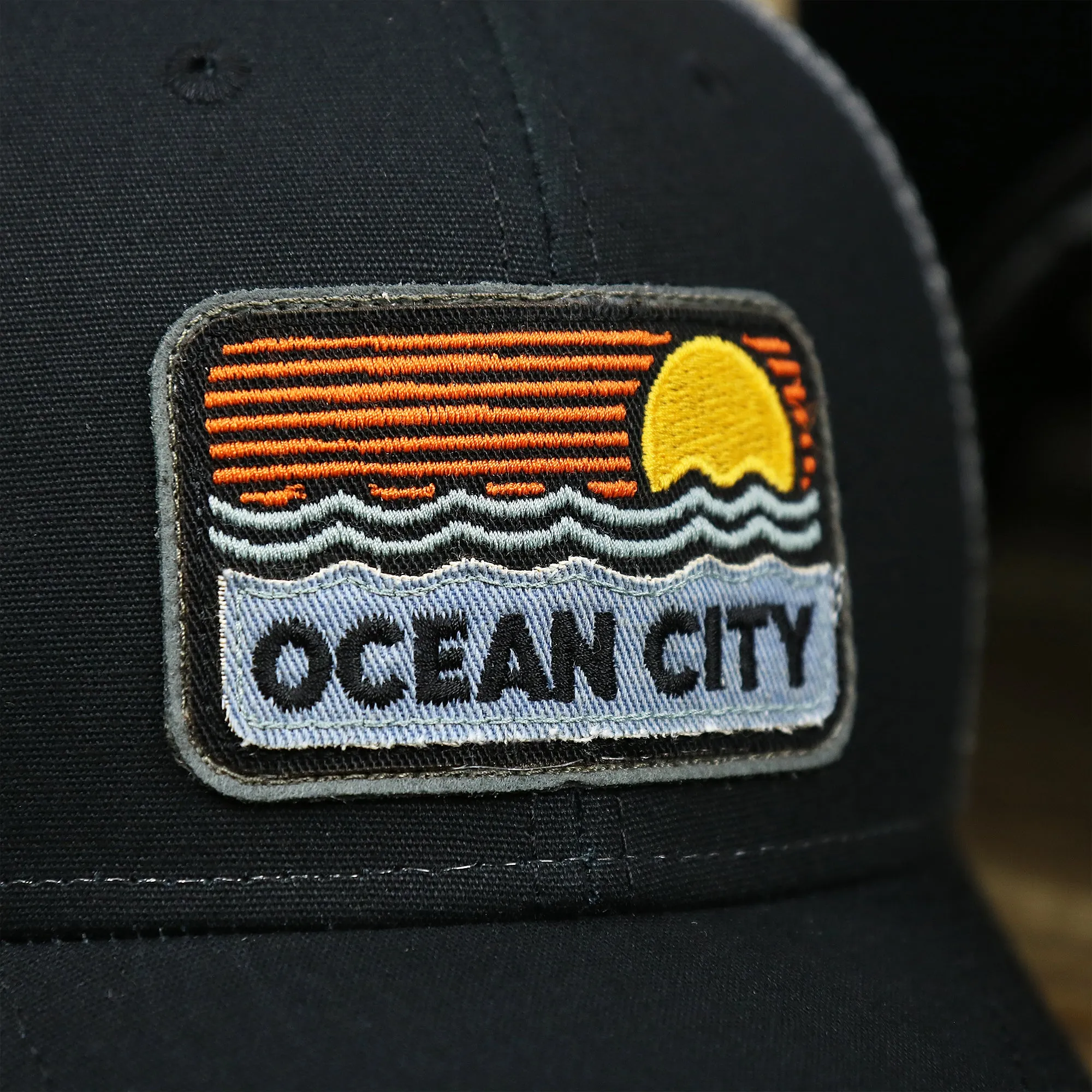 Youth New Jersey Ocean City Sunset Mesh Back Trucker Hat | Tahiti Blue And Grey Mesh Trucker Hat