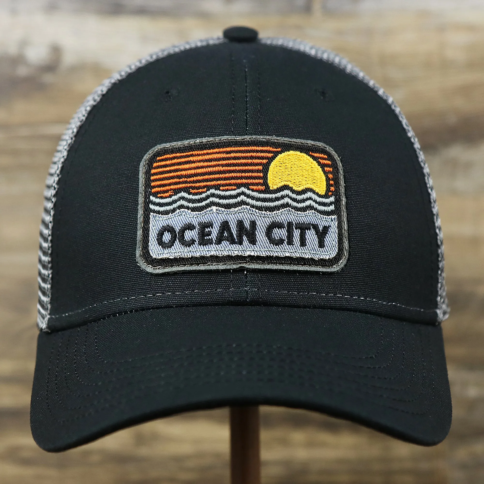 Youth New Jersey Ocean City Sunset Mesh Back Trucker Hat | Tahiti Blue And Grey Mesh Trucker Hat